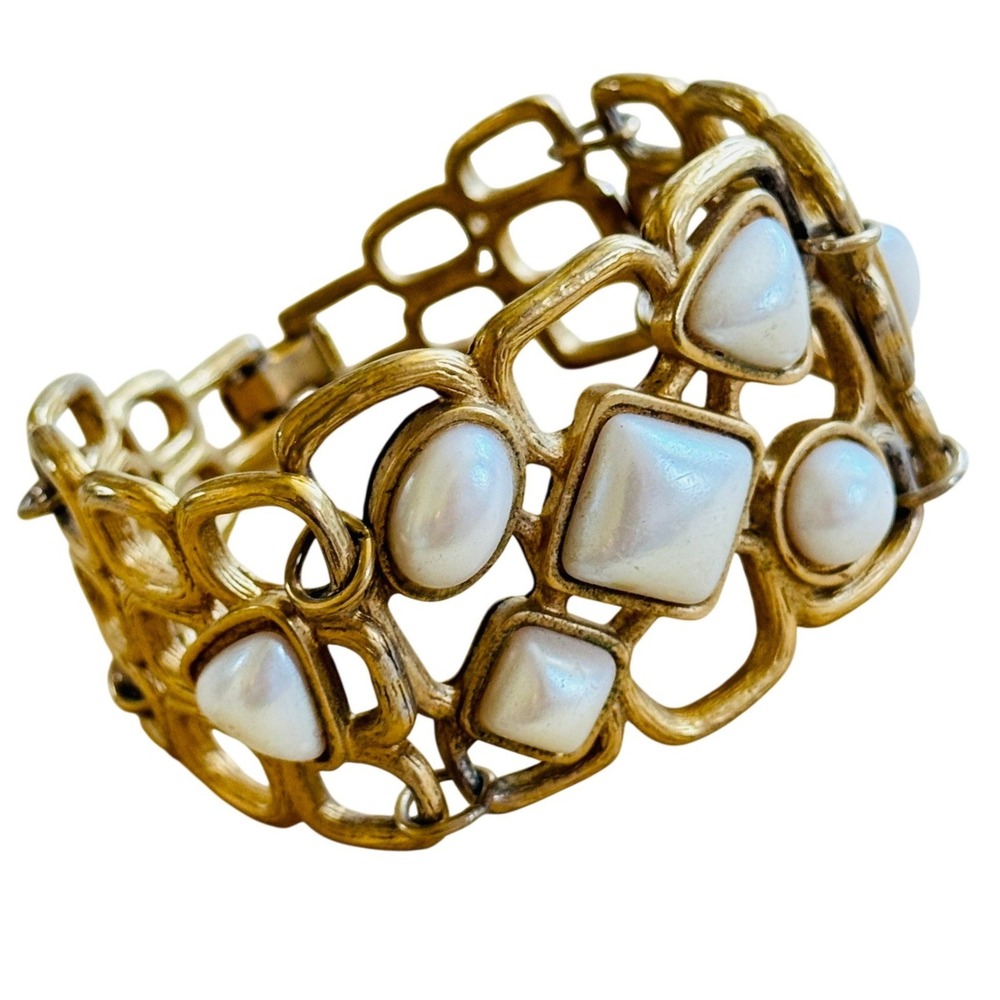 VTG Avon Modernist Geometric Bracelet Pearl Cabochon Chunky Statement Gold Tone